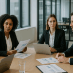 Black and white professionals in a modern boardroom discussing financial reports with laptops and printed statements on the table.