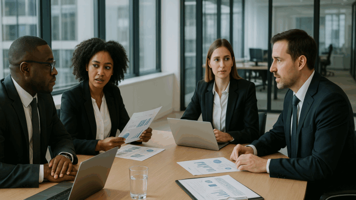 1761219350892 Black and white professionals in a modern boardroom discussing financial reports with laptops and printed statements on the table.