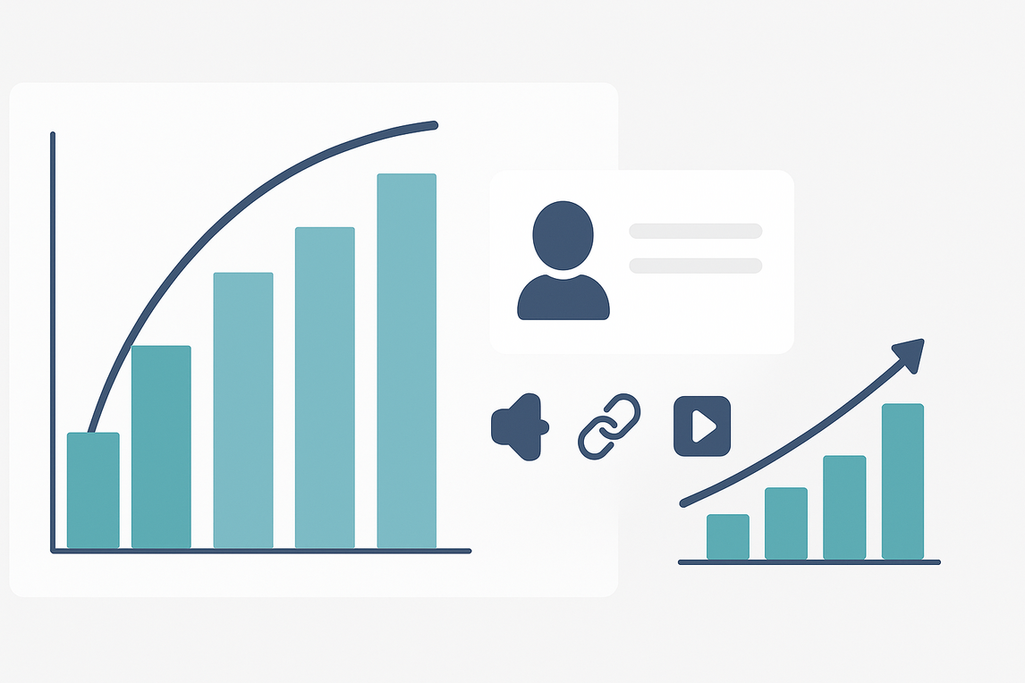 Minimal analytics illustration showing a Pareto chart with bars and a cumulative line, a customer segment card, and rising ROI bars with an arrow.